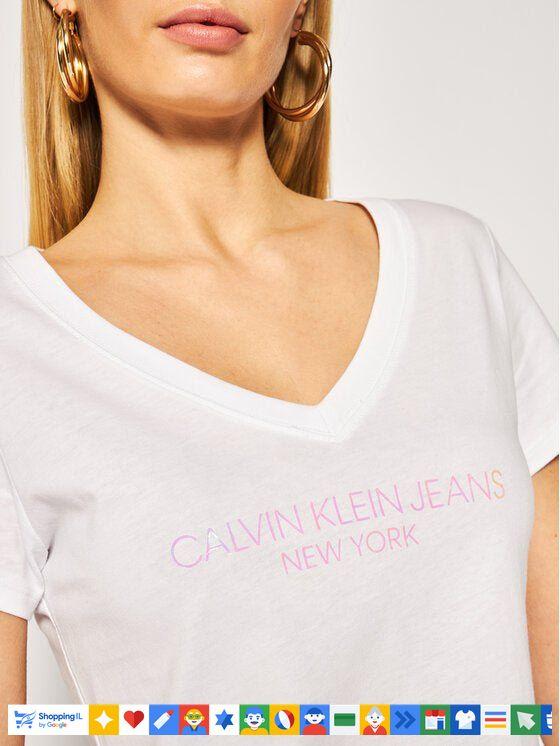 חולצת טי-שירט Calvin Klein לנשים בצבע לבן | עם לוגו זוהר | אופנת קלווין קליין | חנות מותגים B Brands