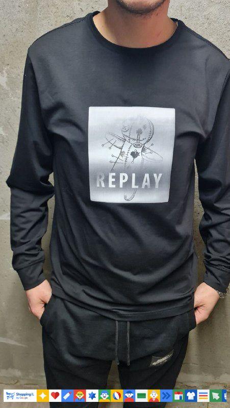 חולצת טי-שירט Replay 3D Men שרוול ארוך לגבר בצבע אפור כהה | חולצת תלת מימד ריפליי | אופנת גברים | חנות מותגים B Brands