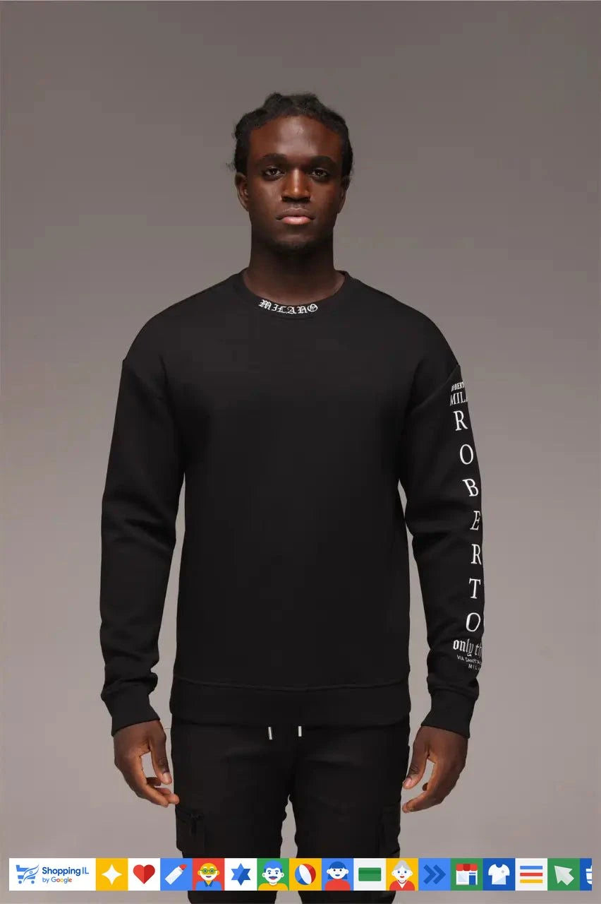 פוטר Roberto Vino שחור לגבר RV-MILANO-CRW-BLK-LOGO | סווטשירט רוברטו וינו קלאסי חורף | אופנת גברים B Brands