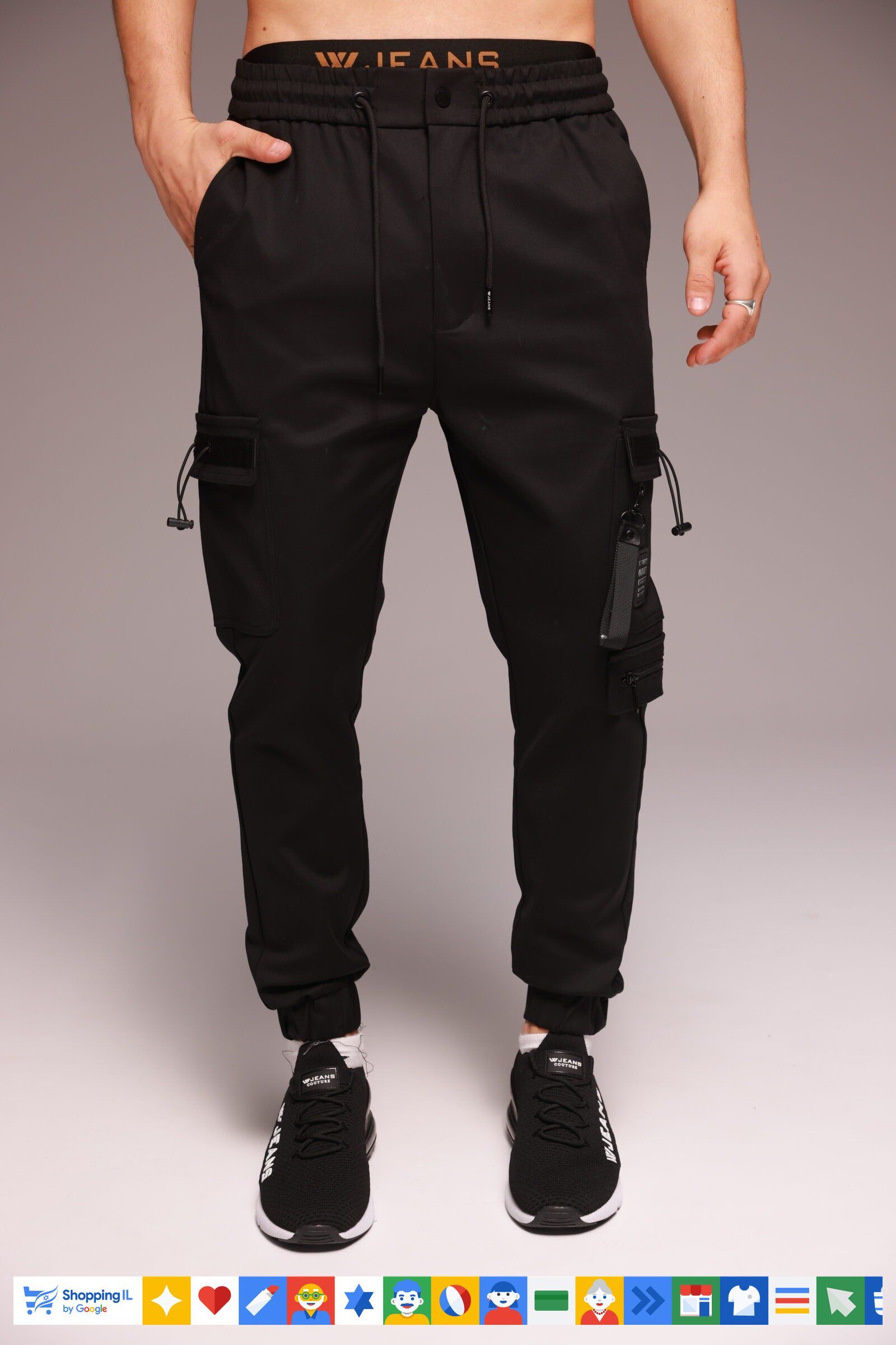 מכנסי דגמ"ח Wjeans Cargo לגבר בצבע שחור RG4-BLACK | מכנסי קרגו דבליו ג'ינס אופנתיים | אופנת גברים B Brands