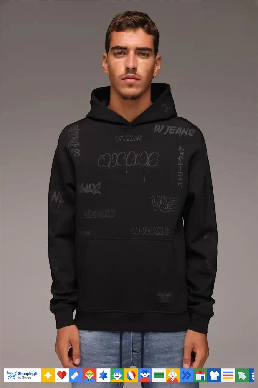 קפוצ'ון W Jeans שחור לגבר WJ-HOOD-ALLPRINT-BLK | סווטשירט קפוצ'ון דאבליו ג'ינס חורף איטלקי | אופנת גברים B Brands