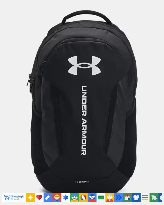 תיק גב Under Armour Hustle 6.0 בצבע שחור/לבן 1384672-002 | תיק ספורט אנדר ארמור עמיד במים | ציוד ספורט B Brands