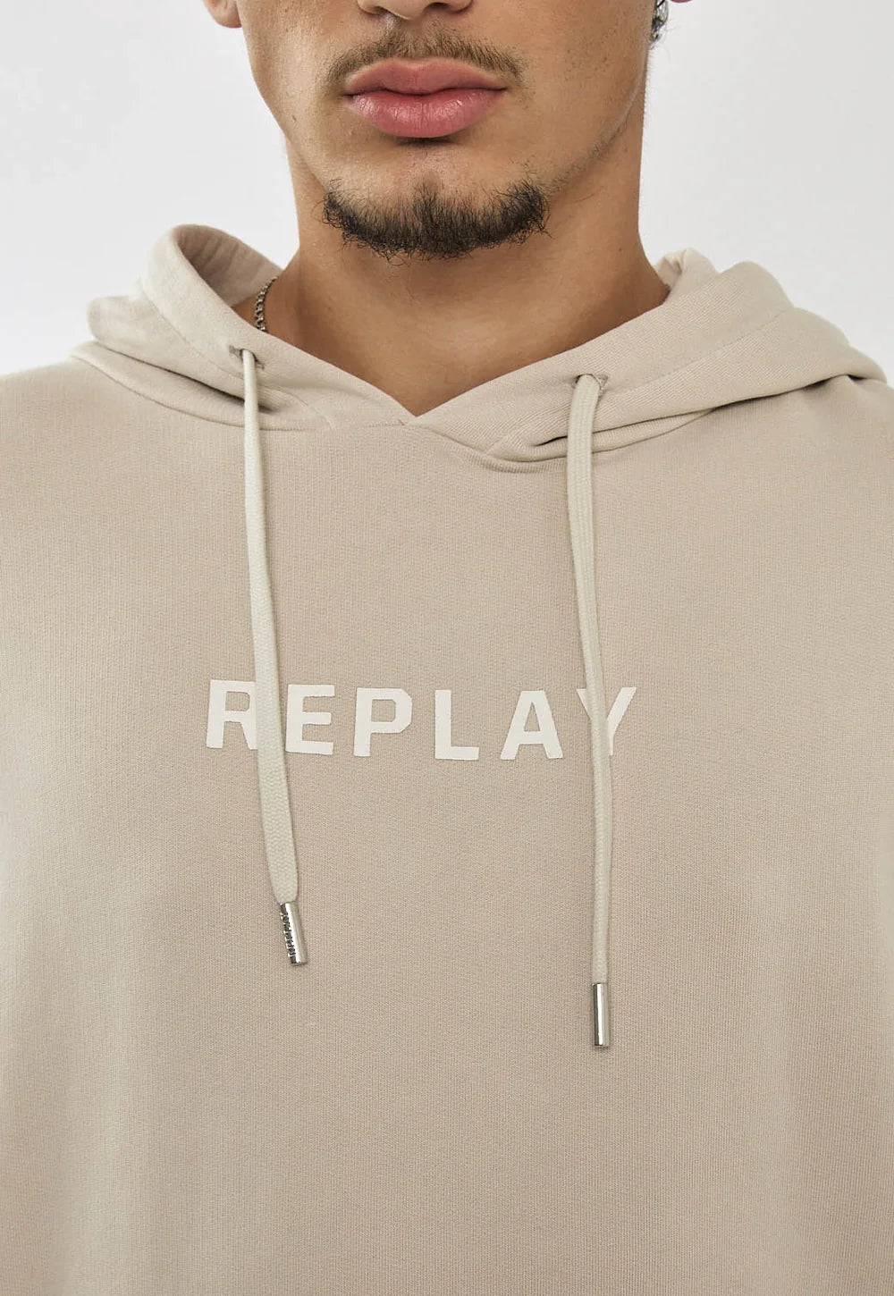 Replay hooded ריפליי קפוצ'ון טרי לגברים בצבע אבן עם הדפס גב