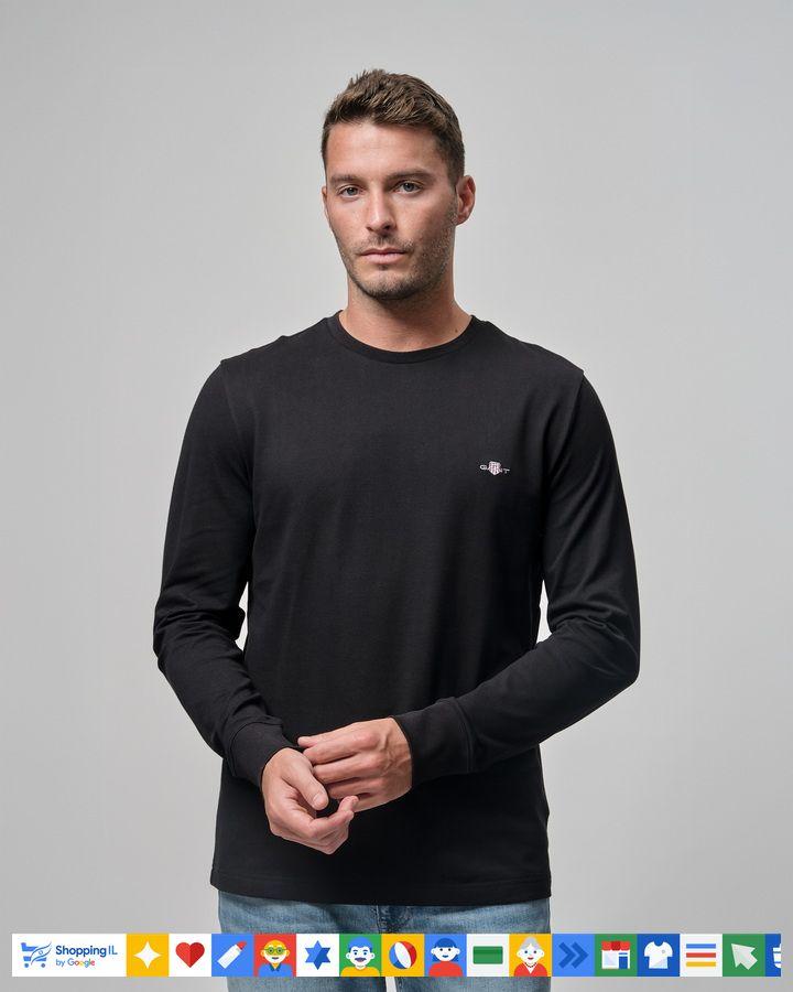 חולצת טי-שירט Gant Pique לגבר שרוול ארוך בצבע שחור | חולצת גאנט כותנה פיקה | אופנת גברים יוקרתית | חנות מותגים B Brands