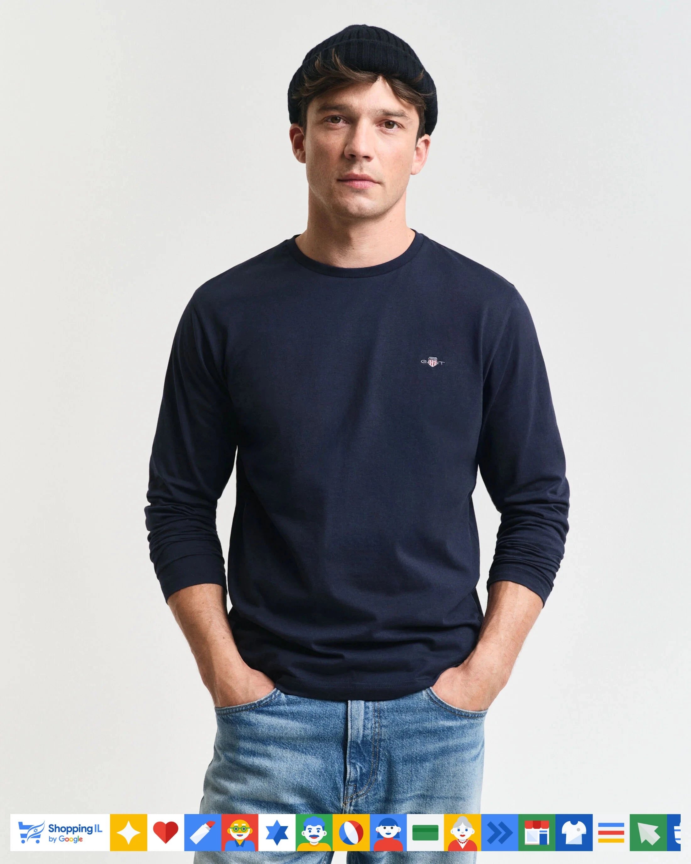 חולצת טי-שירט Gant לגבר שרוול ארוך בצבע נייבי (כחול כהה) | חולצת גאנט כותנה קלאסית | אופנת גברים יוקרתית | חנות מותגים B Brands