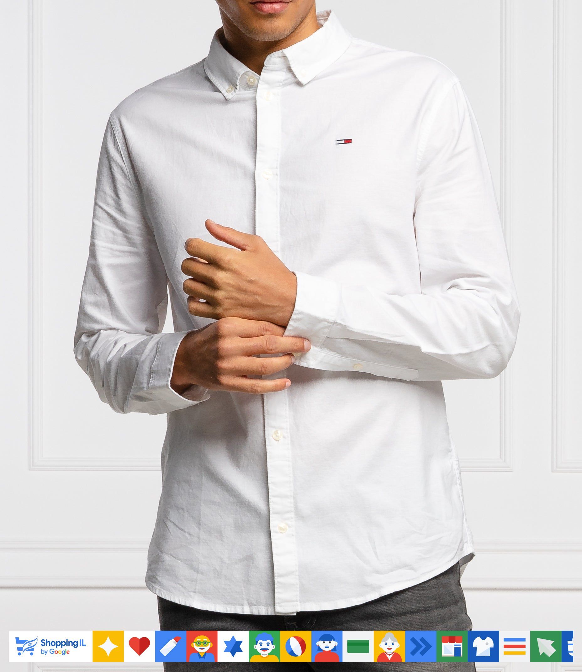 חולצה מכופתרת Tommy Hilfiger לגבר בצבע לבן | חולצת Slim Fit עם לוגו | אופנת טומי הילפיגר | חנות מותגים B Brands